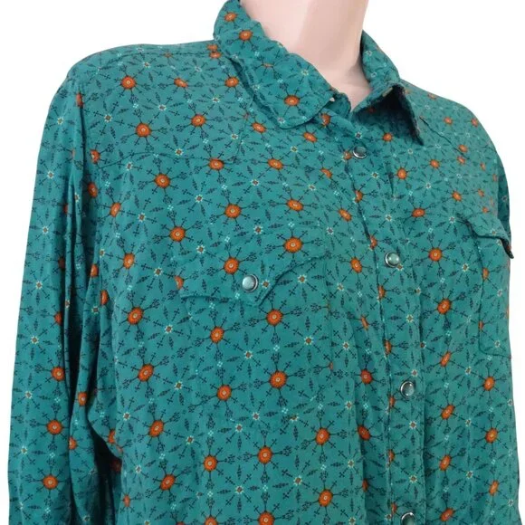 Vintage Wrangler Rancher Western Pearl Snap Shirt Women Size XXL Green Long Slv - Picture 2 of 10